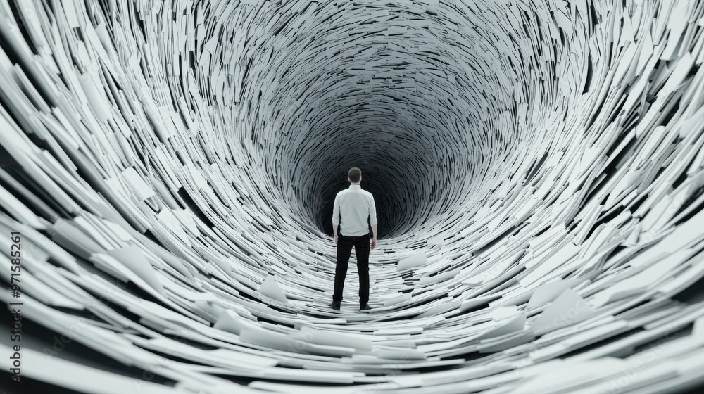 Poster the maze of deception: a person trapped in a maze of high walls made of fragmented documents and con