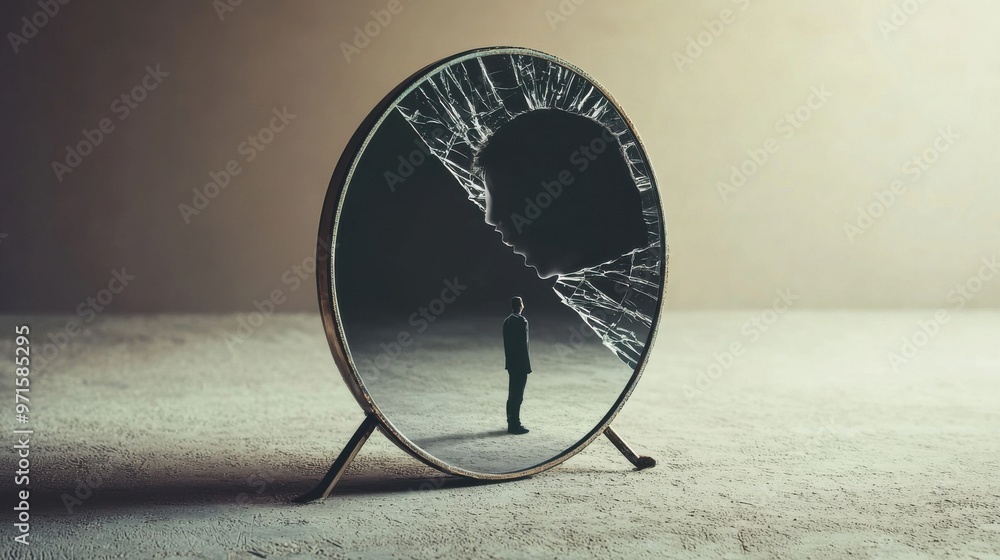 Poster the mirror of lies: a person looking into a mirror that reflects an idealized, successful version of