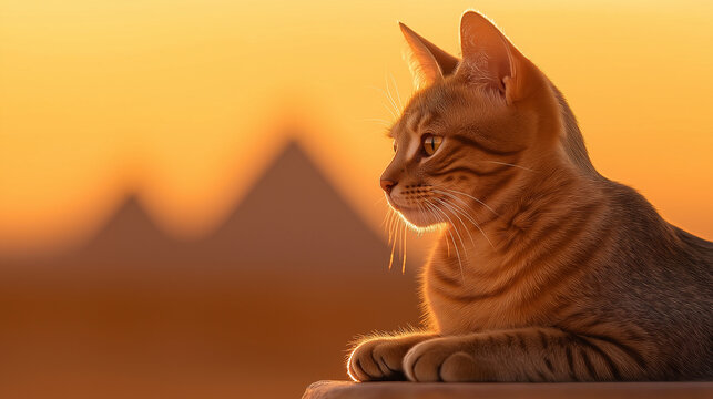 A majestic Egyptian Mau cat sitting regally on a stone pedestal, its sleek silver-spotted coat glistening under the warm desert sun, the ancient pyramids visible in the background,