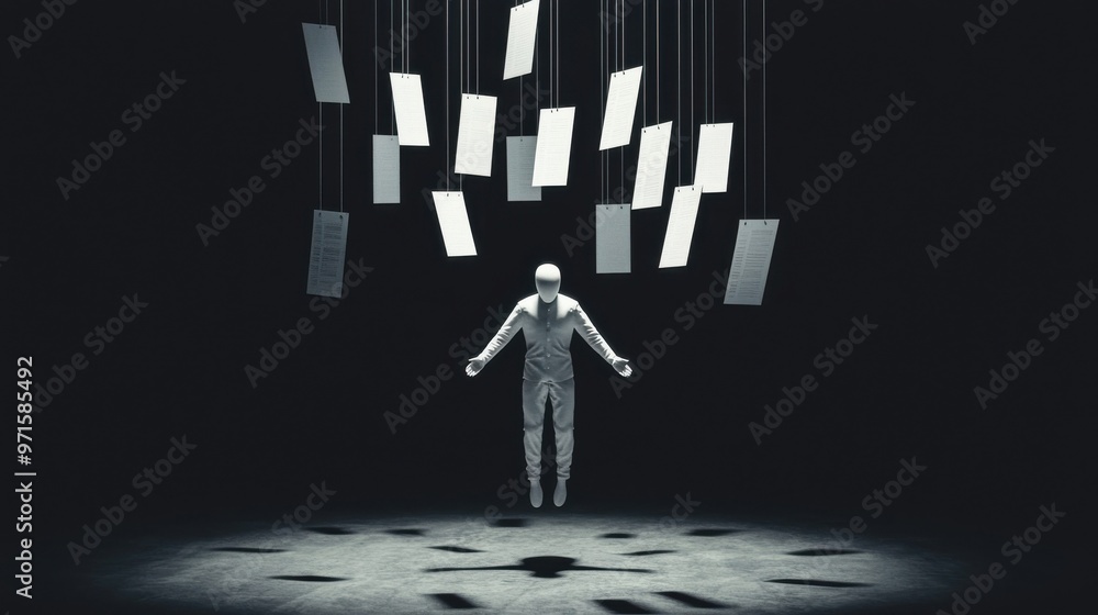 Aufkleber the puppet of lies: a person floating in mid-air, their limbs controlled by invisible strings attach