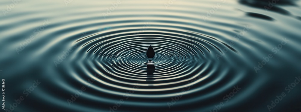 Poster the ripple of personality: a single drop of water falling into a calm pond, creating ripples that fo