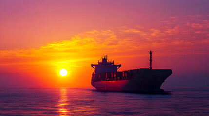 Obraz premium The setting sun casts a golden glow on a cargo ship, its silhouette blending into the orange and purple sky