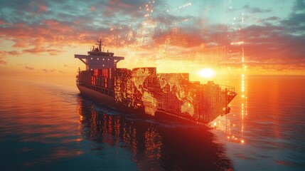 A cargo ship sails on the ocean at sunset, with a world map superimposed over its containers. The sun is setting in the background, casting a warm glow over the scene.