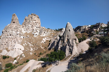 Fairy Chimneys in Cappadocia in Türkiye. Unique formations that were produced by volcanic explosions.