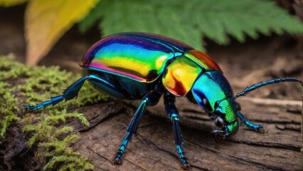 Fototapeta premium A vibrant, iridescent beetle crawling on a wooden surface surrounded by moss.