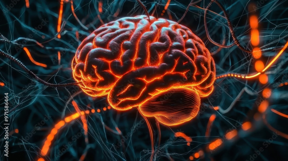 Poster the worry trap: a large, glowing brain is caught in a web of wires and gears, symbolizing how overth