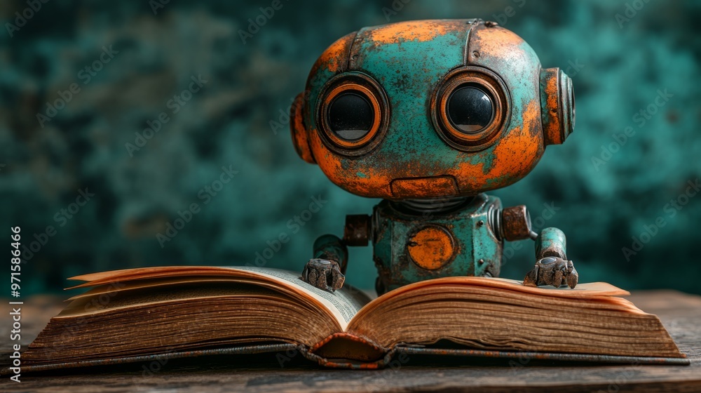 Poster cute robot reading a book and gaining knowledge