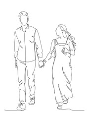 Couple holding hands and walking. Woman in long dress holding phone. Continuous one line drawing. Black and white vector in line art style.
