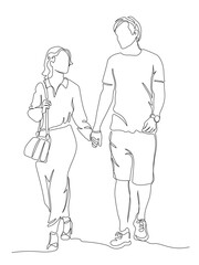 Couple holding hands and walking. Man and woman looking at each other. Wear shorts and dress. Continuous one line drawing. Vector in line art style.