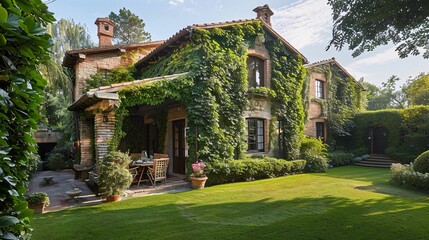 Fototapeta premium Rustic Brick House Covered in Ivy with a Beautiful Garden