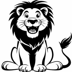 Obraz premium Smiling lion cartoon, black and white vector illustration