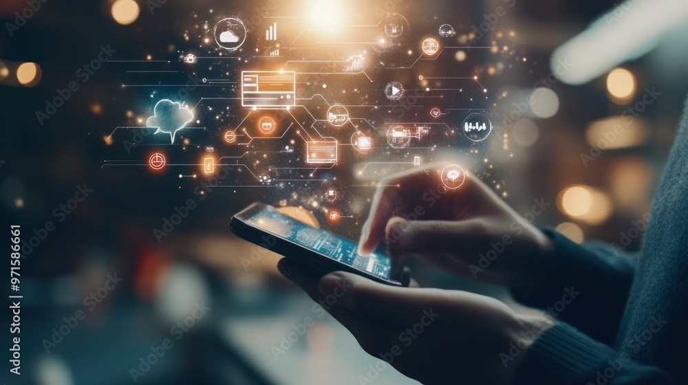 Poster digital world: a person using a smartphone with digital icons surrounding them