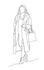 Woman in coat with shopping bag walking. Continuous one line drawing. Black and white vector illustration in line art style.