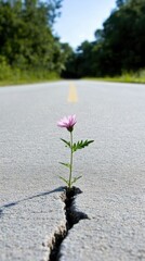 A small pink flower emerges from a crack in an aged concrete road, showcasing nature's tenacity and ability to flourish despite harsh surroundings