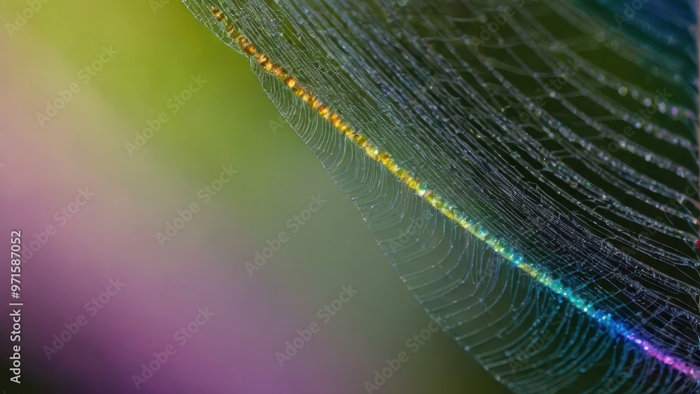Poster a close-up of a spider's web with iridescent colors against a blurred background.