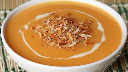   Close-up of Carrot Soup with Coconut Flakes