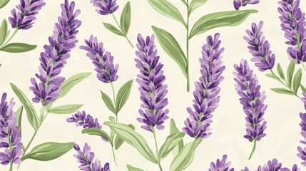 Floral pattern with purple lavender and soft green leaves generative ai