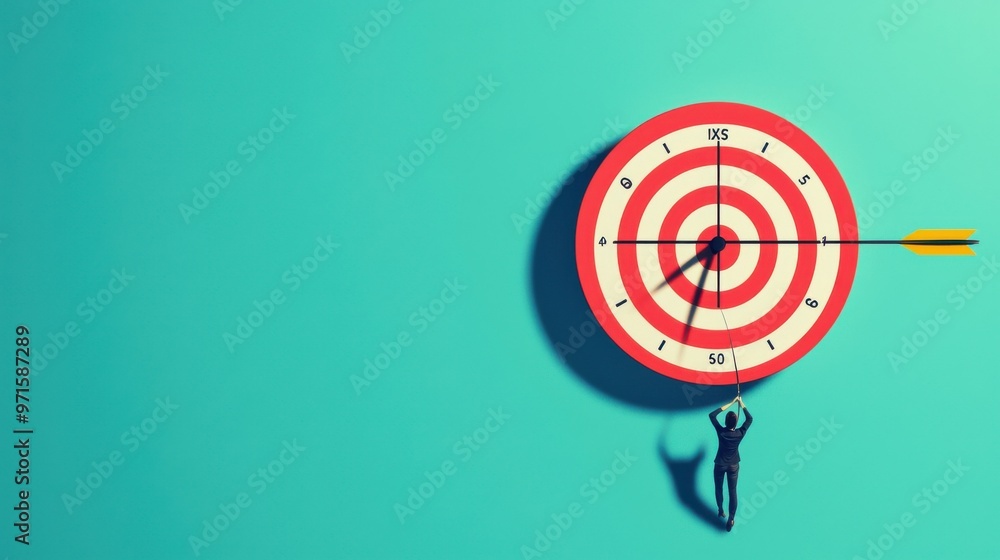 Poster time target archery: a person aiming an arrow at a series of floating targets, each target represent