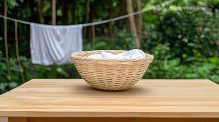 Fototapeta premium A wicker laundry basket holds clean clothes while freshly washed items hang on a line in a sunlit garden surrounded by greenery