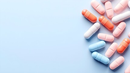 Pills spilled on solid background