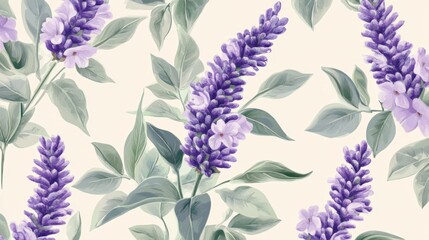 Floral pattern with purple lavender and soft green leaves generative ai