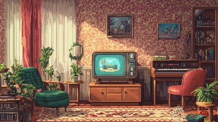 Cozy vintage living room with retro TV, plants, armchair, and wallpaper. Perfect setting for nostalgia and comfort.