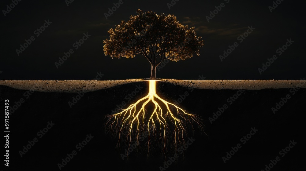 Poster tree of balance: a tree with roots firmly in the ground representing stability in life, while its br