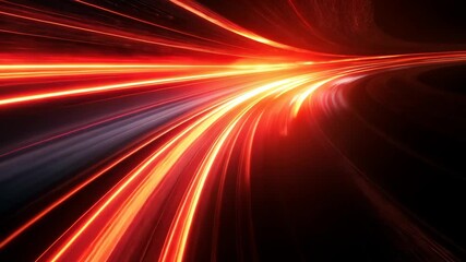 Dynamic light trails from moving vehicles create an abstract pattern at night along a busy urban road