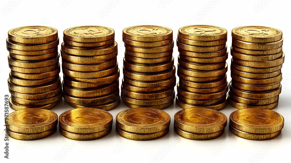 Poster stacks of golden coins arranged in multiple columns, symbolizing wealth and finance.