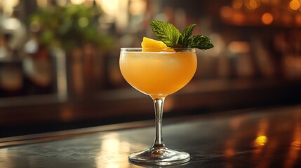 Cocktail glass standing on bar countertop with blurred background