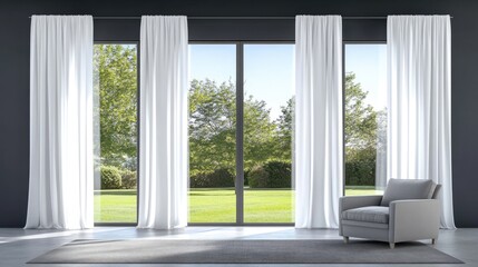 Obraz premium A single gray chair positioned by a sunny window with sheer curtains, creating a peaceful atmosphere in a suburban living room.
