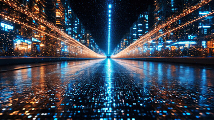 Obraz premium A city street with many lights at night with the reflection of street lamps