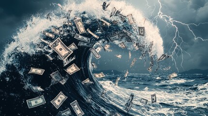 Fototapeta premium Turbulent Waves of Economy: A stock chart is depicted as a violent ocean, with giant waves crashing against fragile ships made of currency symbols