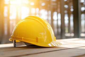 Yellow construction hard hat on wooden surface