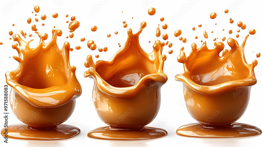 Poster three bowls of caramel sauce with splashes, illustrating texture and fluid dynamics.