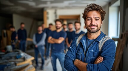 Fototapeta premium Construction Worker Portrait, Confident Craftsman in Blue Coveralls, Construction Site, Construction Worker, Construction Site, Construction Industry