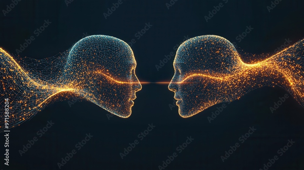 Poster two faces emerging from the same digital pattern, connected by abstract glowing lines, showing the c