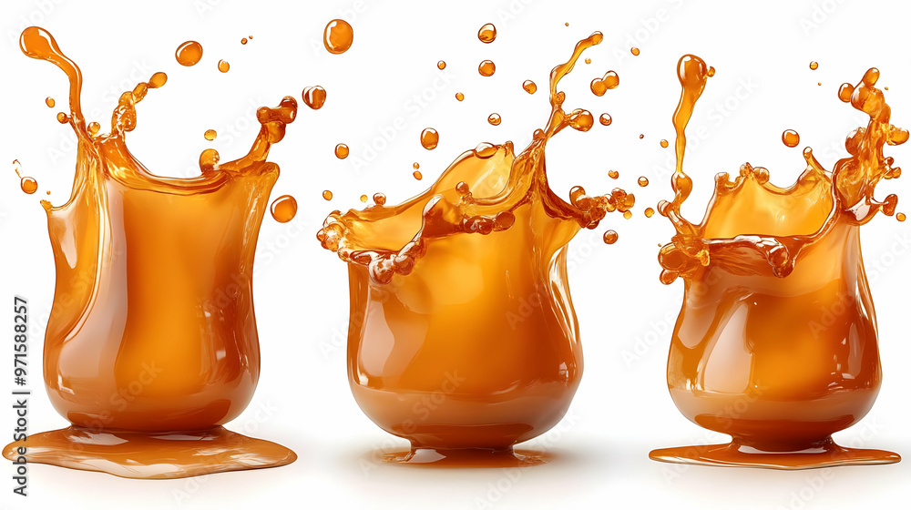 Poster three cups splashing with liquid, showcasing dynamic movement and vibrant color.