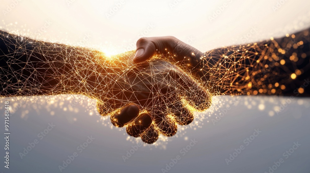 Poster two hands shaking, with light beams and glowing lines connecting them, symbolizing a strong and posi