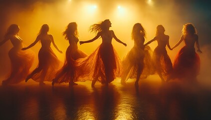 a group of women dancing in a row.