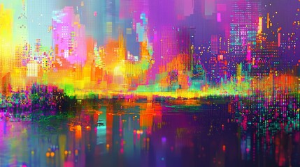 Fototapeta premium Digital Cityscape Reflection, Digital Art, Abstract City, Cityscape Reflection