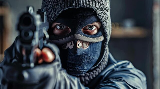 A masked individual brandishes a firearm during a tense standoff in an abandoned warehouse at night