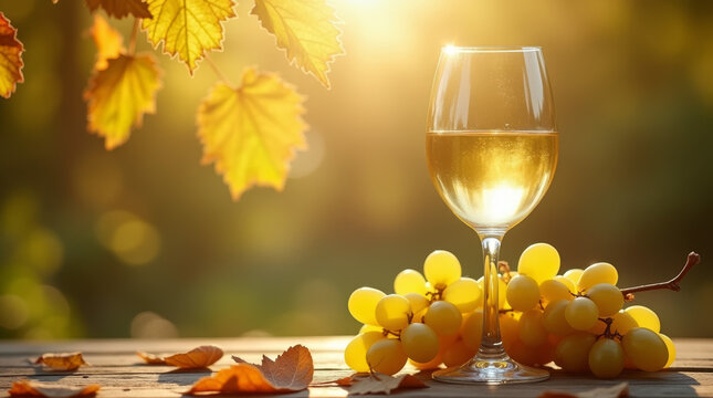 Glas mit wei&szlig;em Wein und Trauben in herbstlicher Atmosph&auml;re