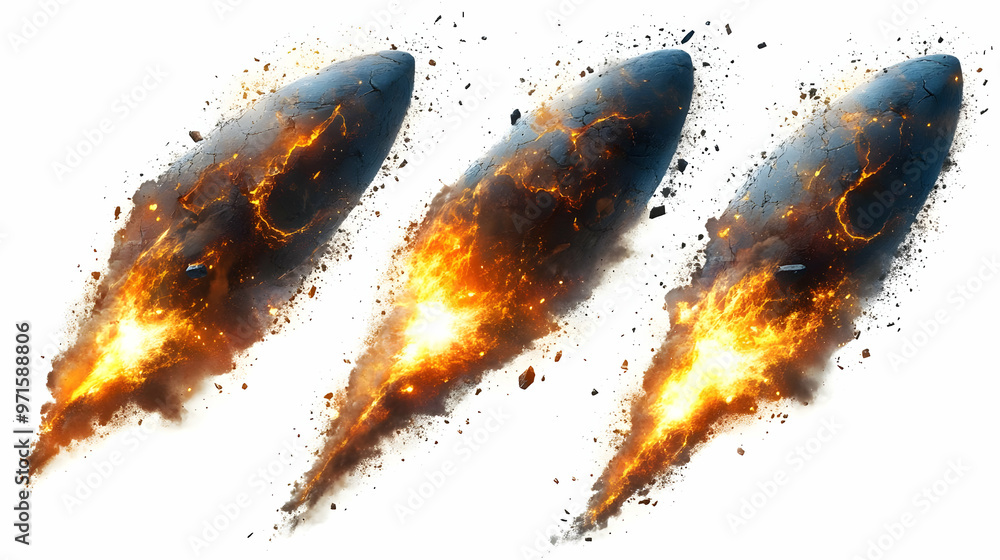 Poster three explosive projectiles emitting flames and debris.