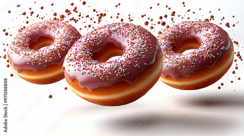 Poster three floating donuts with pink icing and sprinkles, creating a playful, appetizing visual.