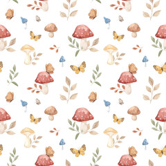 Forest, mushrooms, butterflies. Autumn seamless pattern. Decor. Print for fabric. Autumn forest. Tablecloth. Interior. Scrubbooking.