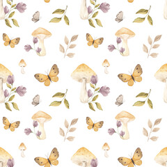 Forest, mushrooms, butterflies. Autumn seamless pattern. Decor. Print for fabric. Autumn forest. Tablecloth. Interior. Scrubbooking.