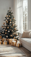 Bright modern Christmas interior with decorated tree and gifts