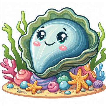 cute cartoon oyster smiling underwater scene clip art preview