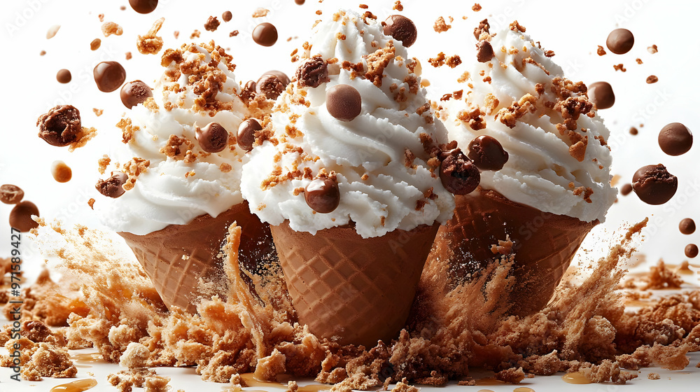 Poster three ice cream cones with whipped cream and chocolate toppings, splashing in a dynamic scene.
